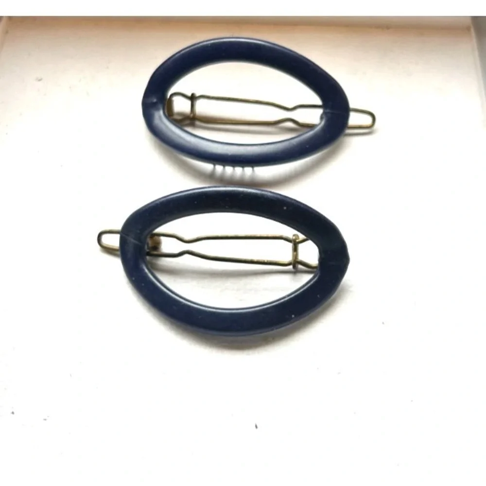 Vintage France Navy Oval Hair Clips Matching Pair 1970s Mod Open Barrette Set